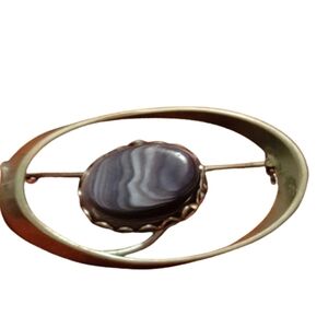 OPEN brooch Slanted Silvertone Oval Purple Gray Striated Agate Striated vintage